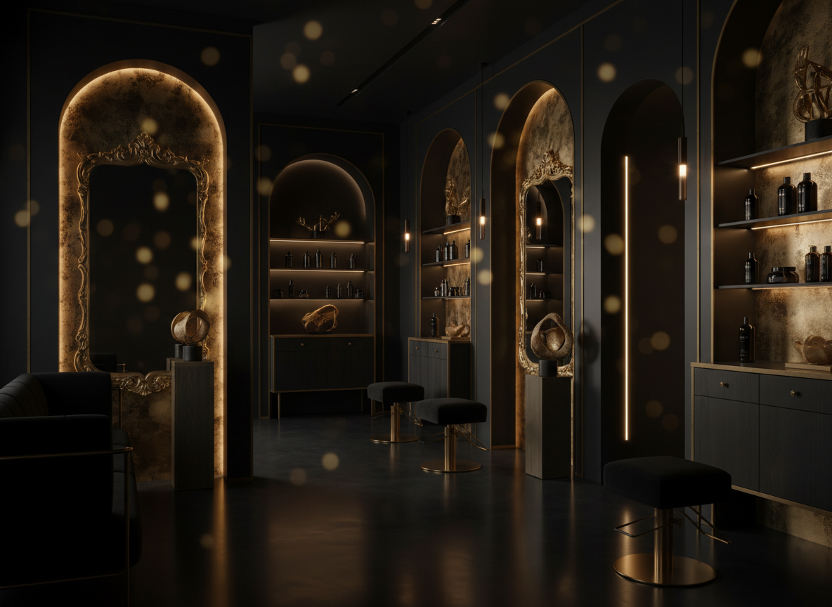 Ultra-premium moody dark beauty salon interior with cinematic gold-toned lighting